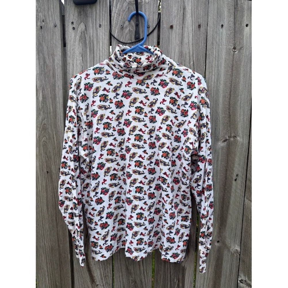 Vintage Style Floral Novelty Print Turtleneck Top Large White Grandmacore Retro